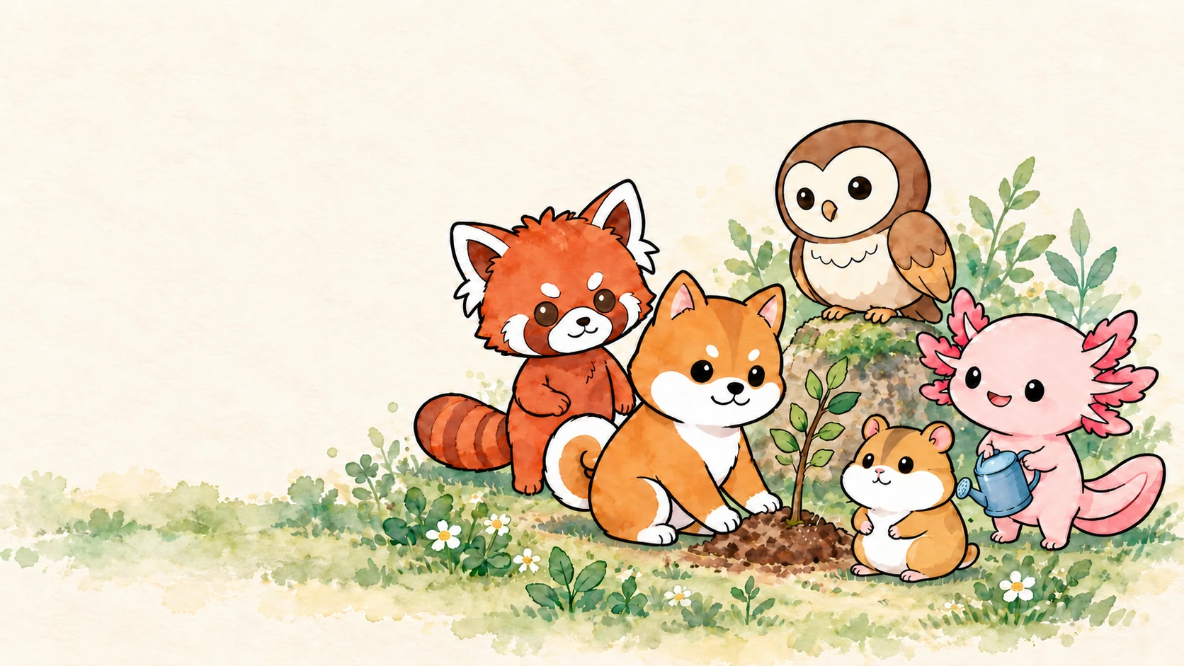 Kibo, Kai, Riko, Sui e Tane cuidam de uma muda. Sui segura um pequeno regador azul.