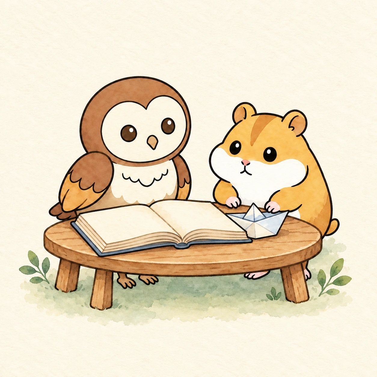 Riko e Tane estão ao lado de um livro aberto em branco e um barquinho de papel.
