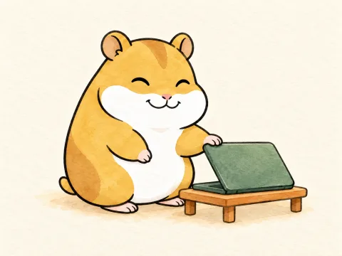 Tane fechando o notebook no fim do dia, sorrindo